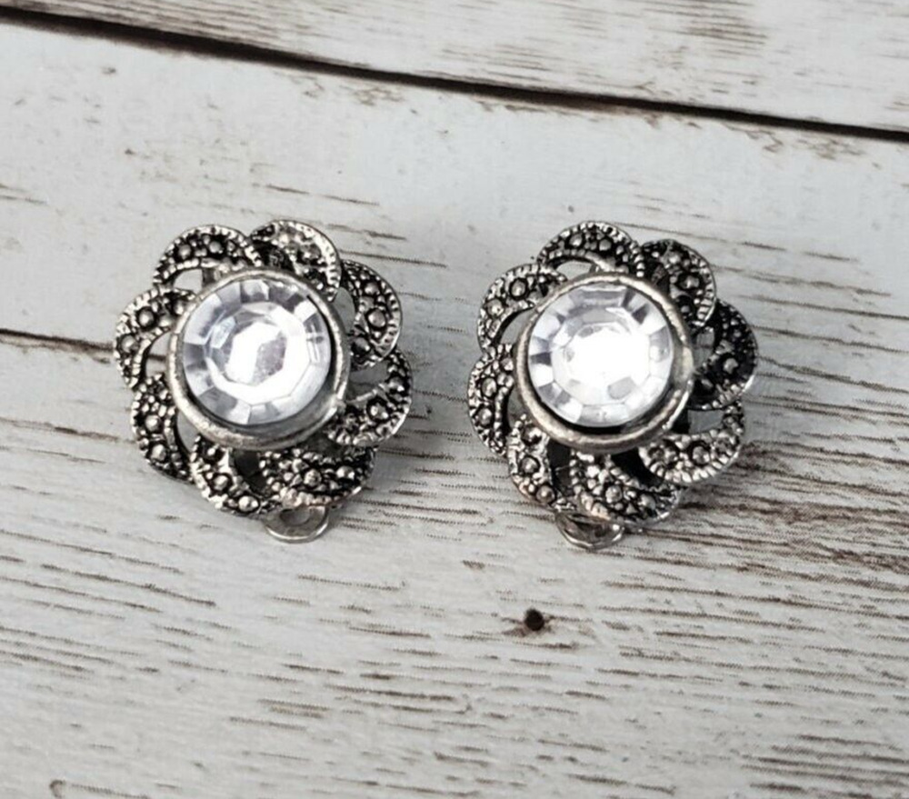 Vintage Clip On Earrings Large Clear Gem with Ornate Dark Silver Tone Halo